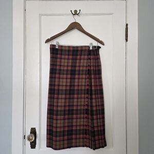 Vintage Scottish Clanwear Pure New Wool Pleated Tartan Skirt – Size 14 – Brown